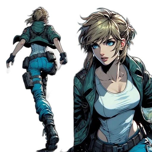 jacket, concept art, comic book art, cyberpunk, pixel art, blue, dark, green transparent PNG cut-out