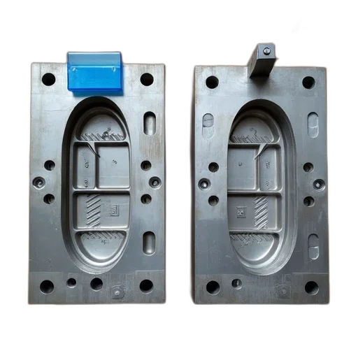 two, identical, metal, molds, placed, side, wooden, surface transparent PNG cut-out