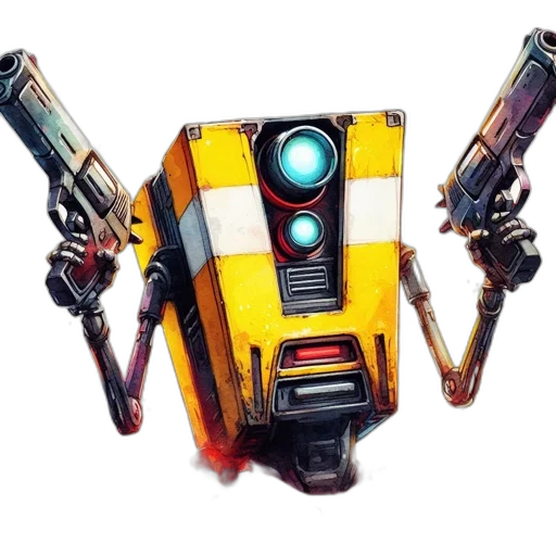 robot, weapon, staff, concept art, 3d render, cyberpunk, pixel art, yellow transparent PNG cut-out