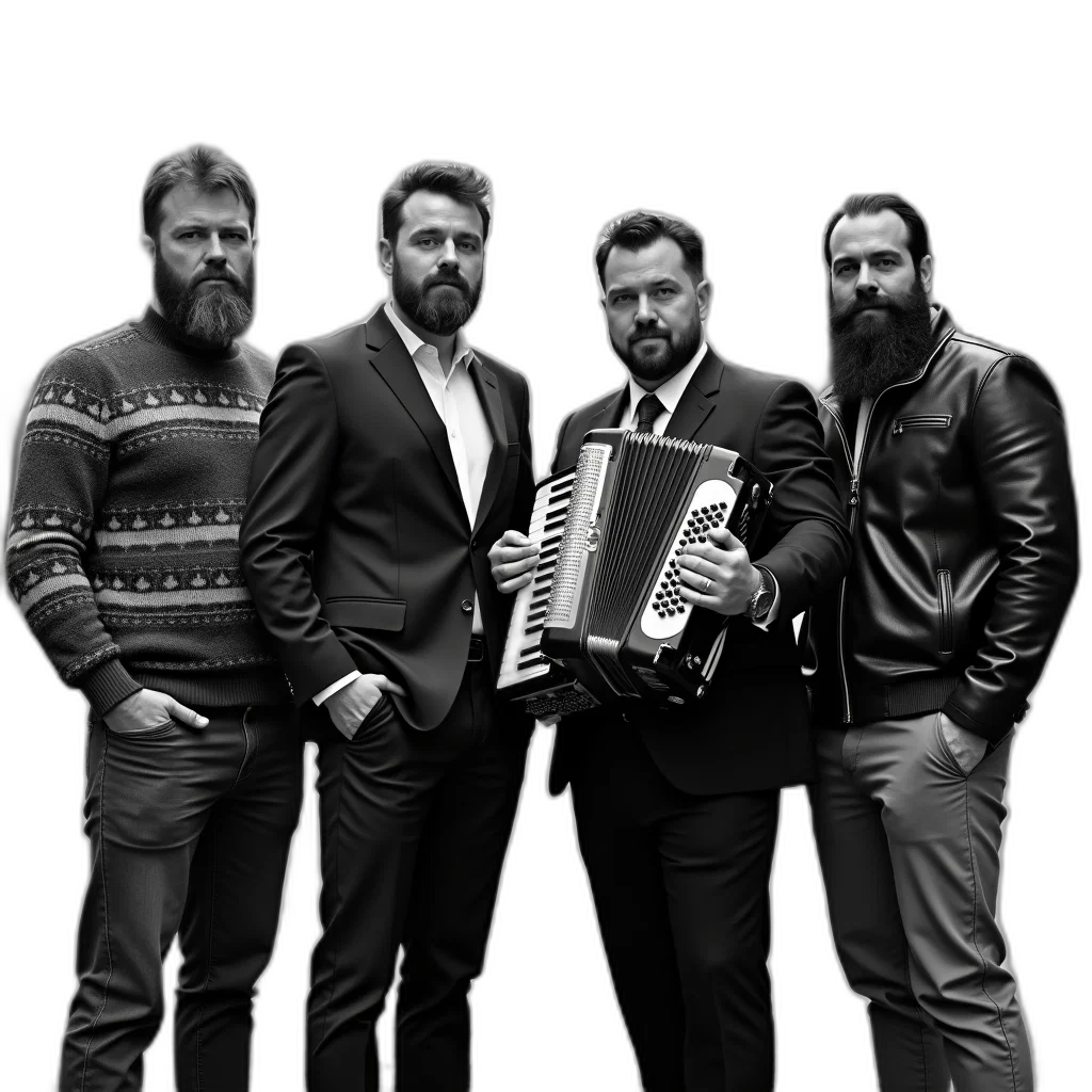 black, white, photograph, group, four, men, standing, row transparent PNG cut-out