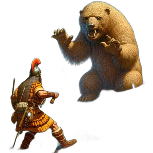 concept art, fantasy art, woodland, setting, towering, bear, confronts, armored transparent PNG cut-out