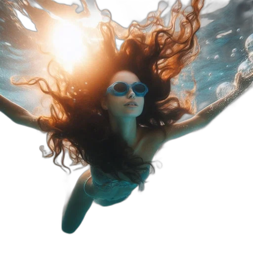 hair, photorealistic, 3d render, concept art, underwater, woman, wears, bikini transparent PNG cut-out