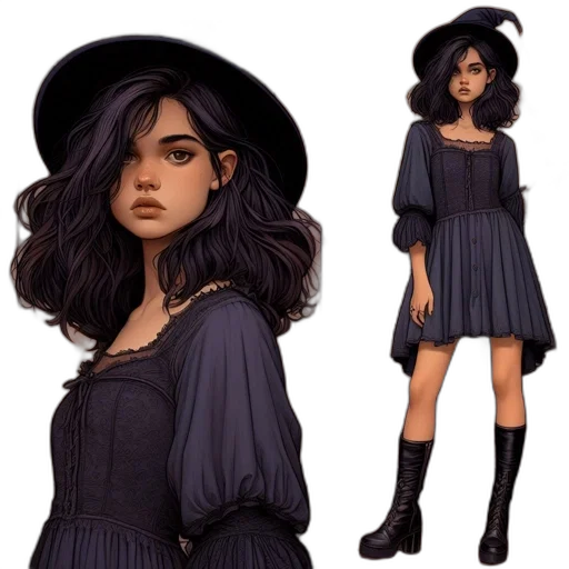 dress, hat, concept art, fantasy art, photorealistic, comic book art, dark, monochrome transparent PNG cut-out