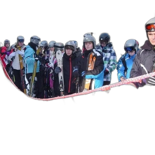 staff, group, skiers, stands, behind, red, fence, snowy transparent PNG cut-out