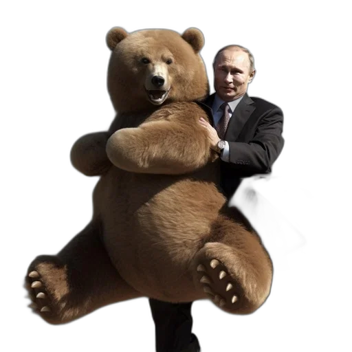 animal, creature, man, suit, holds, bear, mid-air, amidst transparent PNG cut-out