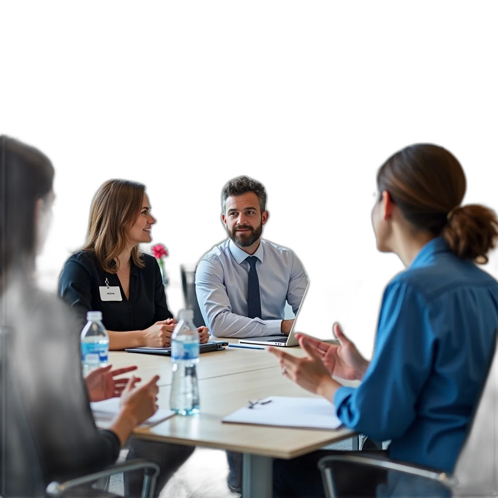 staff, group, people, seated, around, table, conference, room transparent PNG cut-out