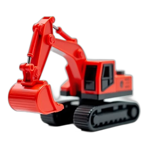 robot, 3d render, red, black, toy, excavator, bucket, tracks transparent PNG cut-out