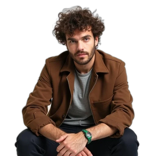 jacket, staff, hair, face, man, curly, sitting, front transparent PNG cut-out