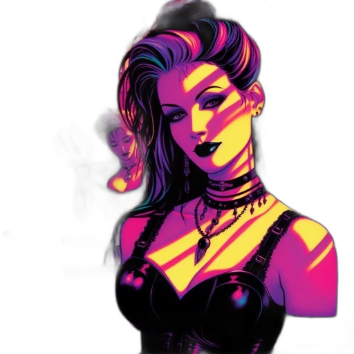 dress, jewelry, comic book art, cyberpunk, concept art, cartoon, neon lights, neon transparent PNG cut-out