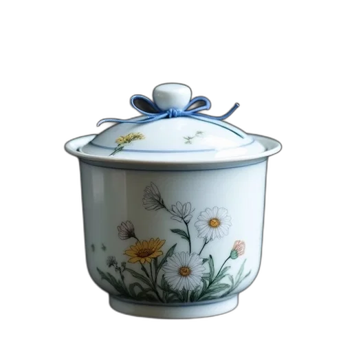 3d render, photorealistic, oil painting, white, porcelain, container, floral, design transparent PNG cut-out