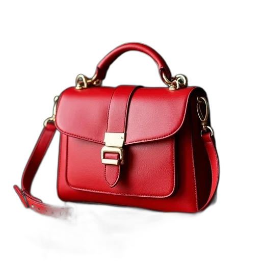red, leather, handbag, gold, buckle, chain, straps, displayed transparent PNG cut-out