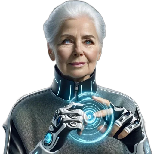 robot, face, concept art, cyberpunk, photorealistic, elderly, woman, futuristic transparent PNG cut-out