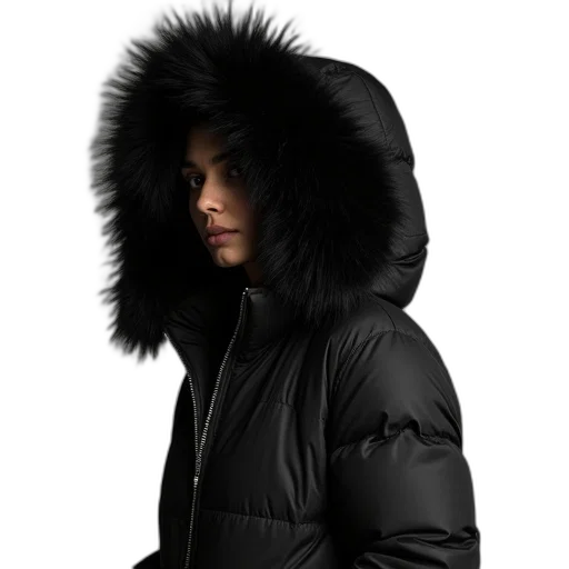 jacket, woman, puffer, coat, wearing, black, fur, hoodie transparent PNG cut-out