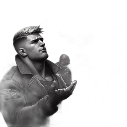 jacket, weapon, face, creature, concept art, comic book art, photorealistic, pencil sketch transparent PNG cut-out
