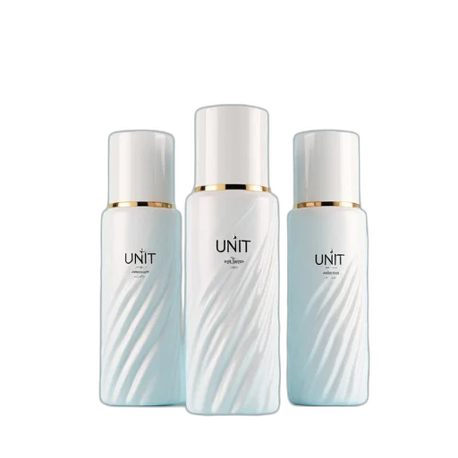 three, identical, white, cylindrical, bottles, golden, emblem, word transparent PNG cut-out