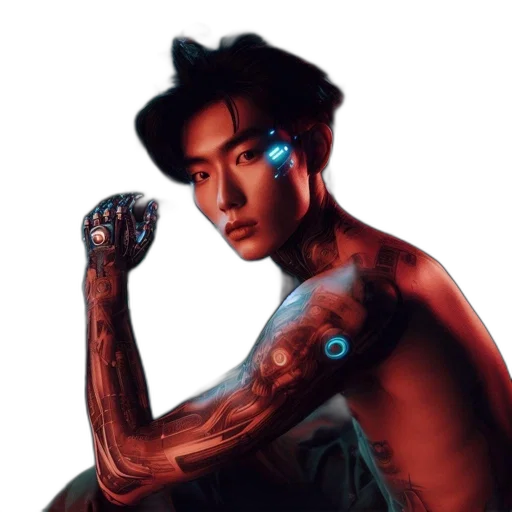 robot, cyberpunk, concept art, comic book art, photorealistic, neon lights, blue, young transparent PNG cut-out