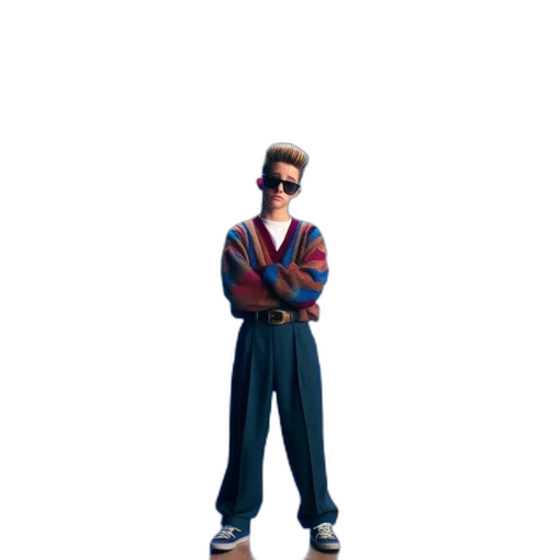 jacket, shoes, staff, 3d render, concept art, pixel art, vaporwave, young transparent PNG cut-out