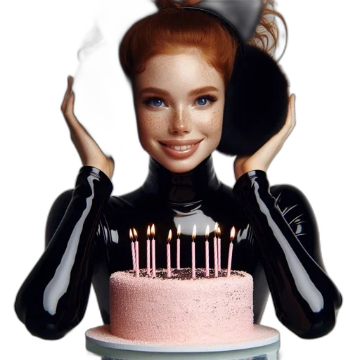 red-haired, woman, blue, eyes, smiles, cake, lit, candles transparent PNG cut-out