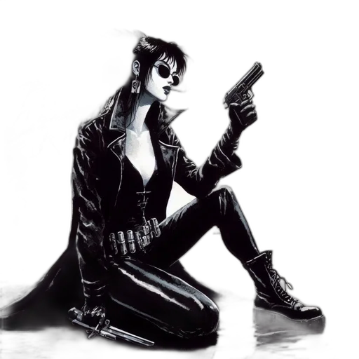 weapon, jacket, robot, cyberpunk, concept art, comic book art, fantasy art, gothic transparent PNG cut-out