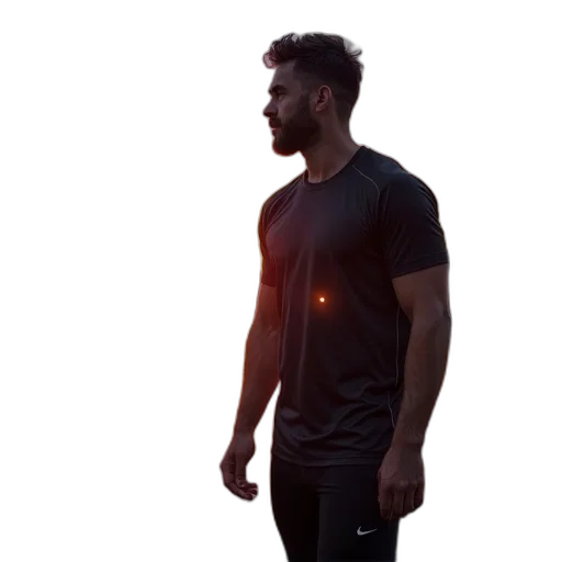 jacket, staff, robot, face, 3d render, concept art, neon lights, dark transparent PNG cut-out