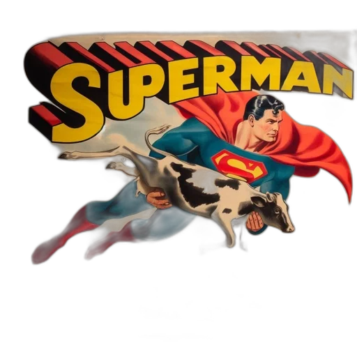 animal, comic book art, concept art, vintage, poster, features, superman, cow transparent PNG cut-out