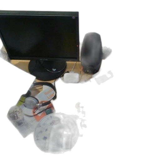 robot, furniture, 3d render, cluttered, desk, computer, monitor, headphones transparent PNG cut-out