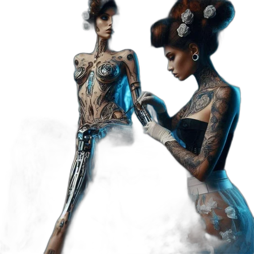 dress, jewelry, robot, staff, concept art, fantasy art, photorealistic, cyberpunk transparent PNG cut-out