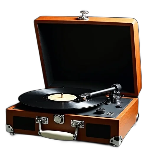 vintage, record, player, vinyl, displayed, open, position, has transparent PNG cut-out