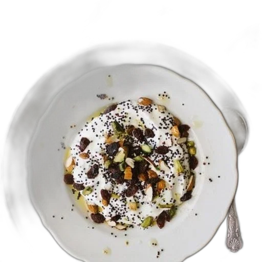 food, white, plate, yogurt, dish, topped, nuts, seeds transparent PNG cut-out