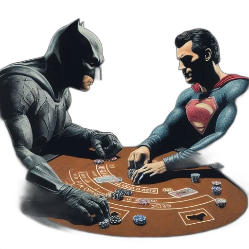 comic book art, concept art, batman, superman, play, blackjack, amid, dimly transparent PNG cut-out