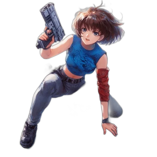 weapon, jacket, robot, concept art, pixel art, anime, cyberpunk, outer space transparent PNG cut-out