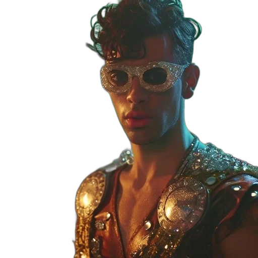 jacket, crown, staff, cyberpunk, concept art, neon lights, man, glittery transparent PNG cut-out