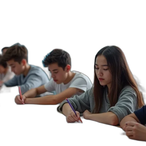 staff, 3d render, photorealistic, concept art, group, students, seated, desks transparent PNG cut-out
