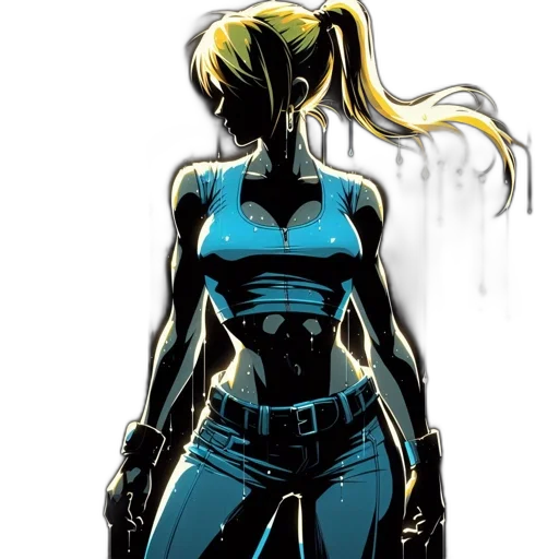 weapon, comic book art, concept art, cyberpunk, cartoon, blue, silhouetted, female transparent PNG cut-out