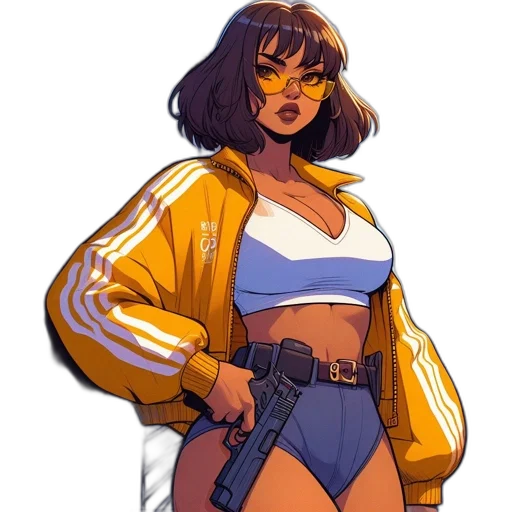 jacket, weapon, dress, concept art, comic book art, cyberpunk, pixel art, neon lights transparent PNG cut-out