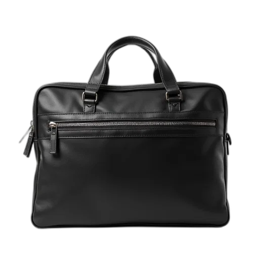 black, leather, briefcase, silver, zipper, handle, displayed, against transparent PNG cut-out