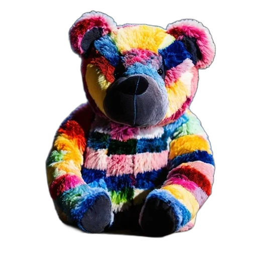 animal, multi-colored, patchwork, teddy, bear, sits, against, blurred transparent PNG cut-out