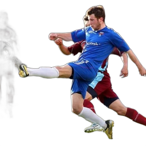 soccer, player, blue, uniform, kicking, ball, while, being transparent PNG cut-out