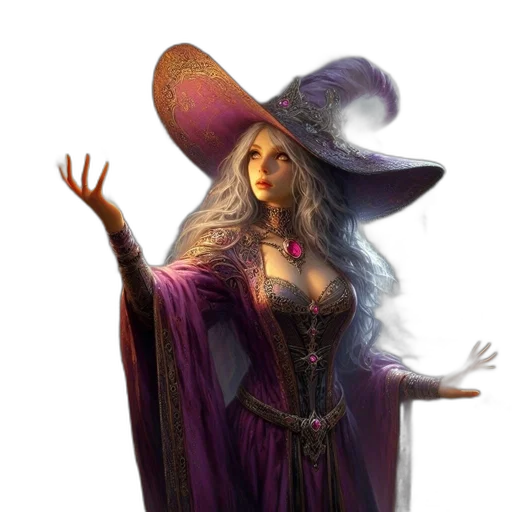 hat, dress, staff, fantasy art, concept art, pixel art, photorealistic, dark transparent PNG cut-out