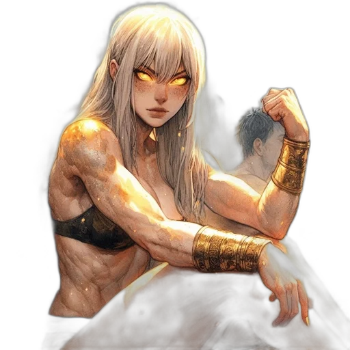 sword, fantasy art, concept art, comic book art, pixel art, golden, muscular, woman transparent PNG cut-out