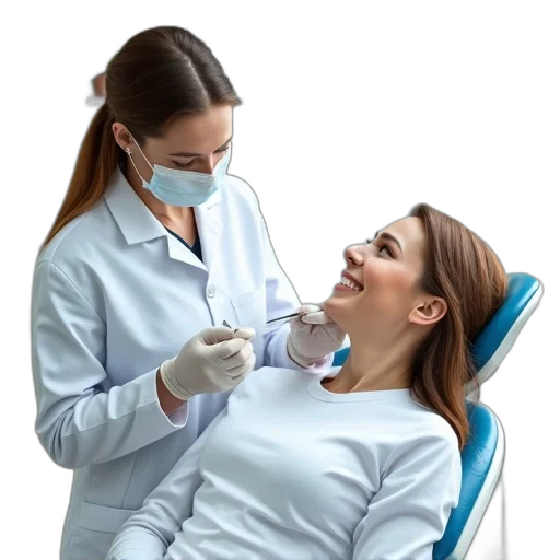 woman, sitting, dental, chair, dentist, standing, beside, her transparent PNG cut-out