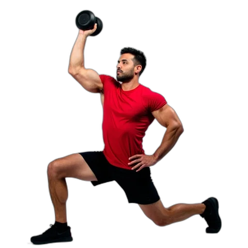 man, red, shirt, black, shorts, performing, lunge, dumbbell transparent PNG cut-out