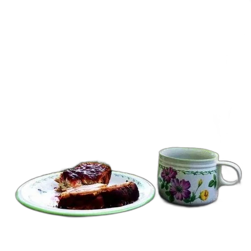 food, crown, photorealistic, plate, mug, flowers, sit, wooden transparent PNG cut-out