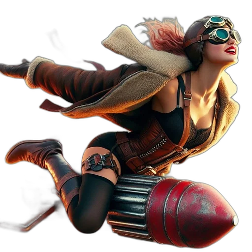 weapon, concept art, comic book art, fantasy art, 3d render, aviatrix, rides, flaming transparent PNG cut-out