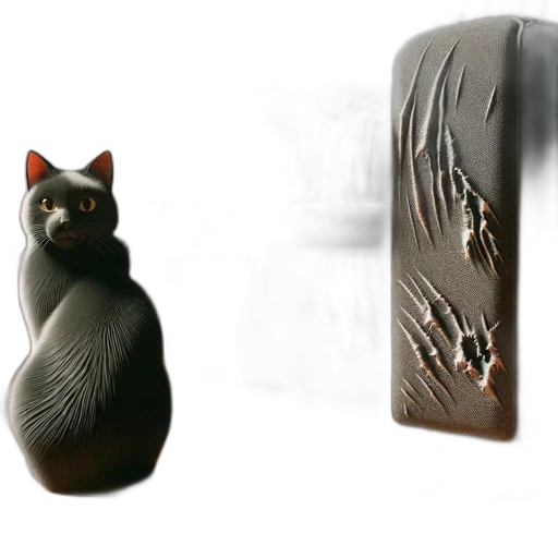 3d render, photorealistic, concept art, black, cat, reclines, beside, well-worn transparent PNG cut-out
