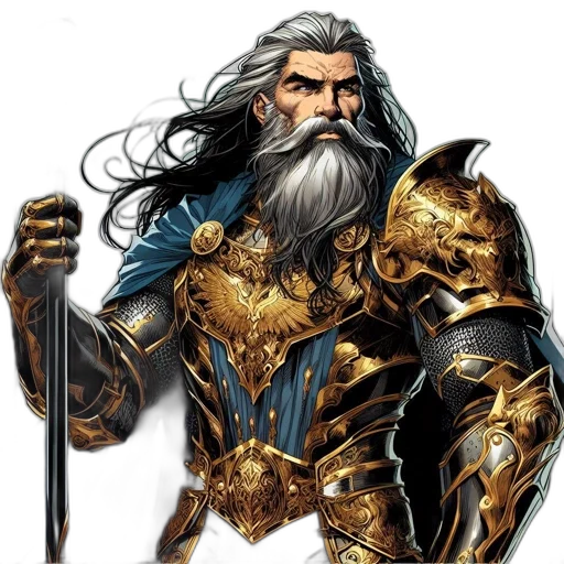 sword, fantasy art, concept art, comic book art, photorealistic, golden, regal, bearded transparent PNG cut-out