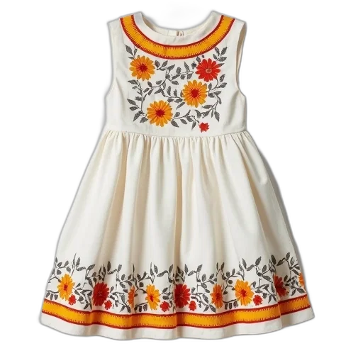 dress, monochrome, white, floral, pattern, red, yellow, trim transparent PNG cut-out