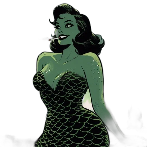 dress, comic book art, cartoon, concept art, fantasy art, underwater, green, stylized transparent PNG cut-out