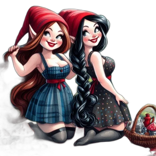 dress, fantasy art, concept art, cartoon, comic book art, red, two, female transparent PNG cut-out