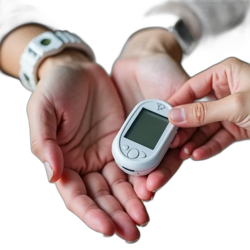 person, hands, being, measured, blood, glucose, monitor, wearing transparent PNG cut-out